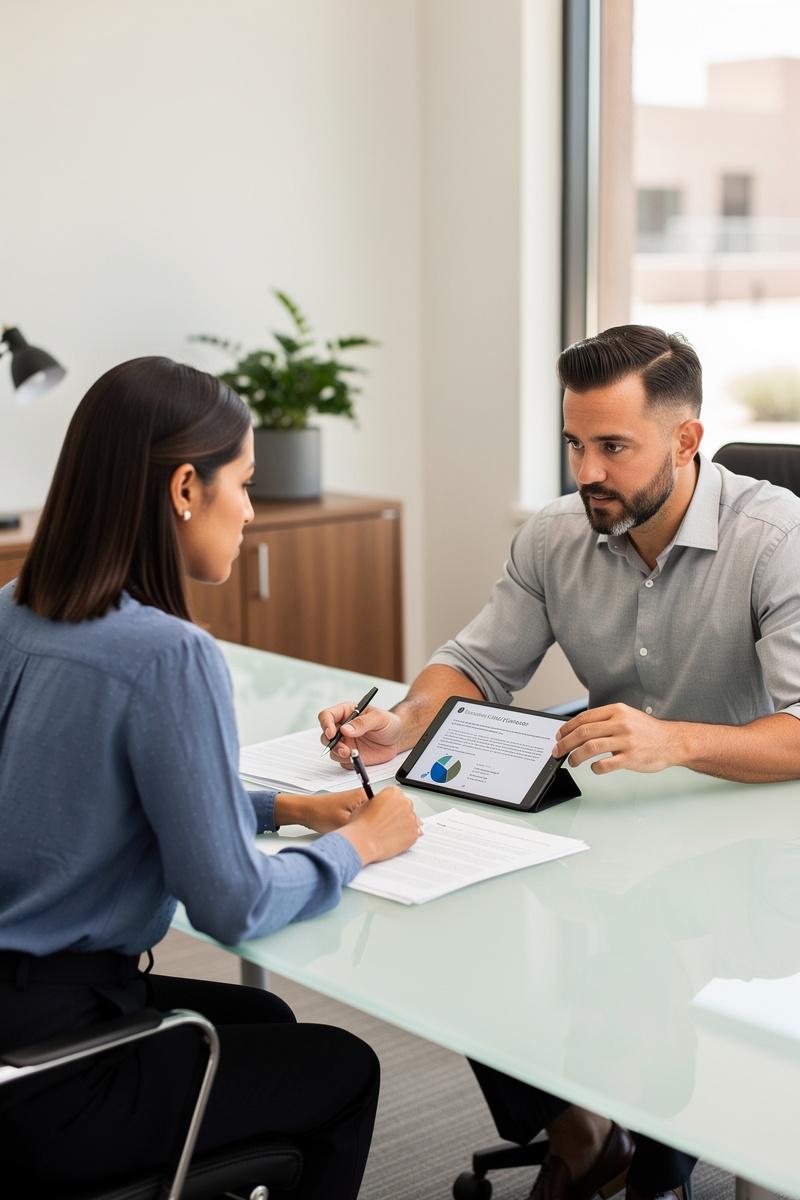 Dividing-the-Future-Calm-Arizona-Divorce-Planning Divorcing couple reviews Arizona asset division with attorney; tablet shows labeled bars under "Arizona Asset Division" title.
