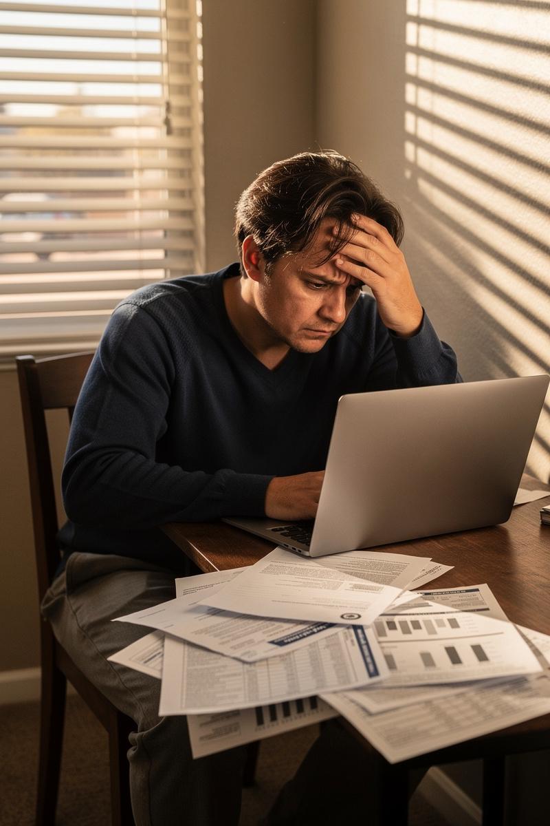 End-of-Day-End-of-Certainty Worried adult leans over a laptop and scattered retirement papers in a dim Arizona living room lit by late-day sun through blinds.