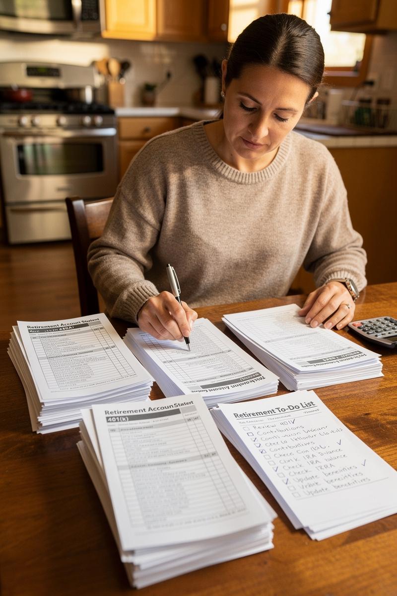 Evening-Focus-Planning-for-the-Future Person in a cozy kitchen organizing retirement papers, writing on a checklist, with documents and a calculator on the table.