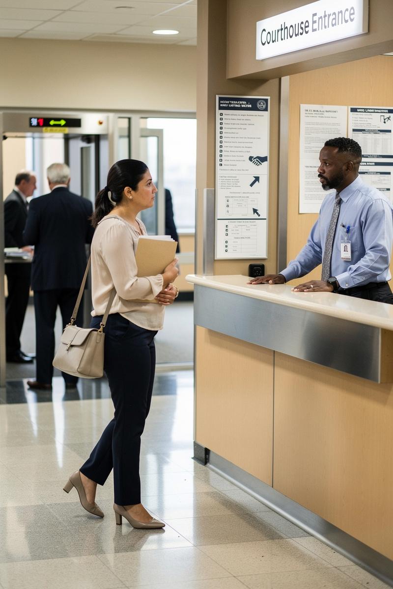 A focused woman clutching court papers approaches a courthouse clerk as others pass through security in a bright, busy lobby.