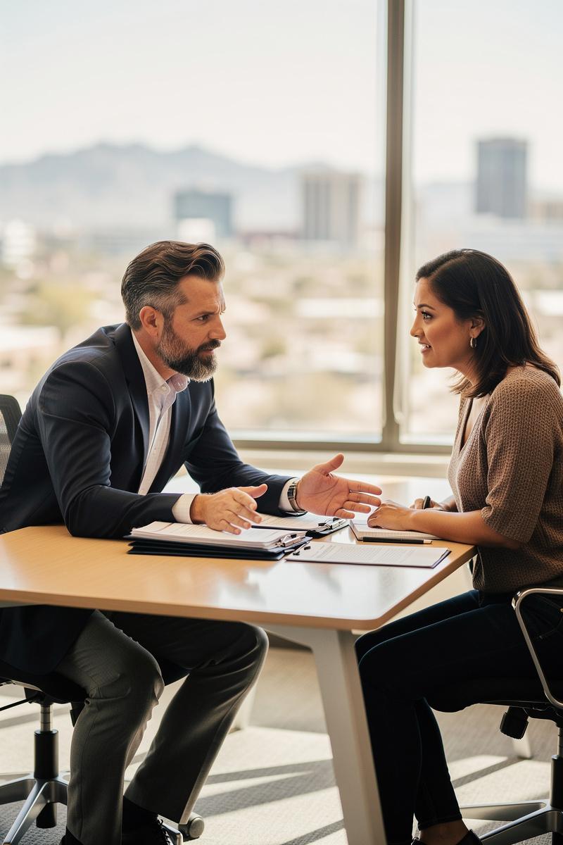 Attorney explains legal documents to a relieved client in a sunlit Phoenix law office, both focused at a modern conference table.