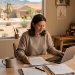 Adult calmly reviewing parenting plan paperwork at sunlit kitchen table in Arizona home, with laptop, notes, and desert view outside.