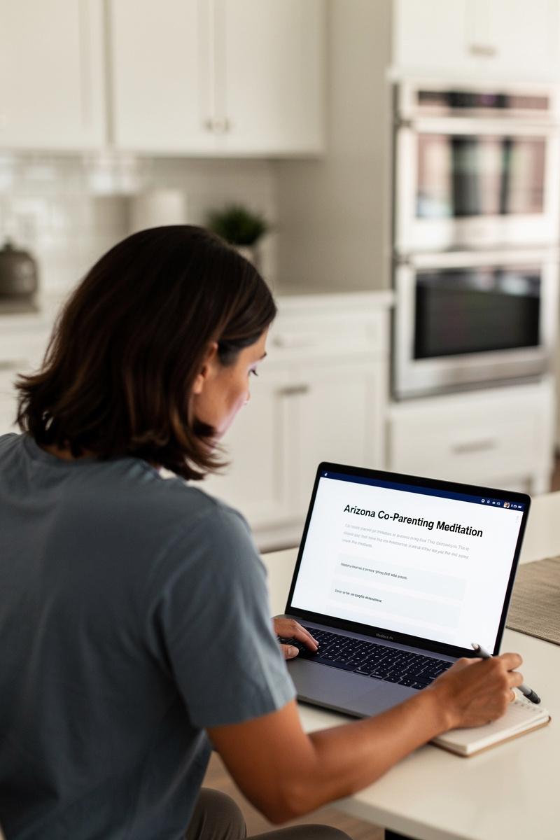 First-Step-Toward-Co-Parenting-Peace Parent at kitchen table reviews “Arizona Co-Parenting Mediation” info on laptop, pen in hand, notepad nearby, soft daylight.