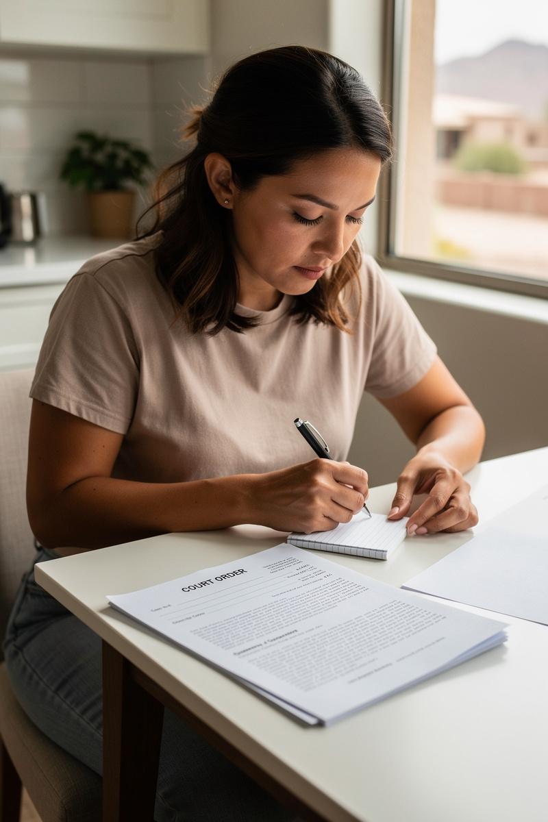 Latina woman studies court papers at a kitchen table, pen poised over a notepad in soft Arizona daylight.