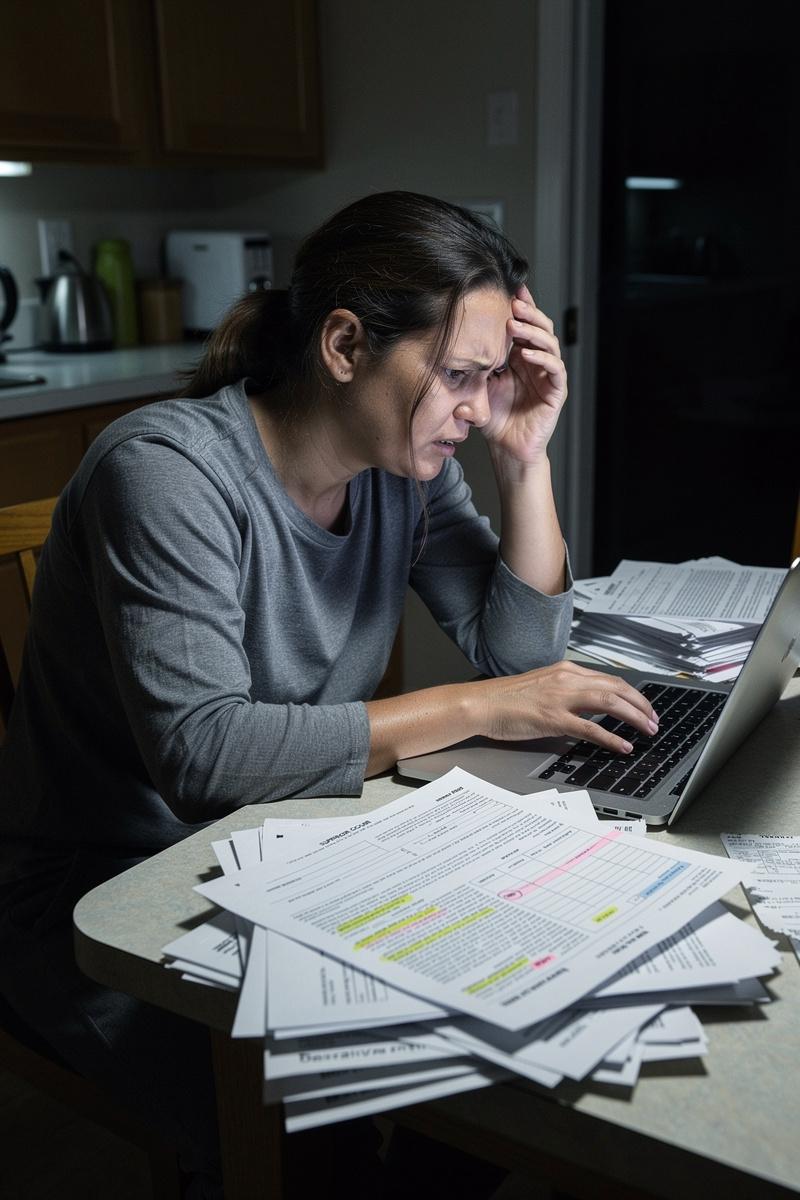 A tired parent sits at a cluttered kitchen table at night, surrounded by court forms, bills, and a glowing laptop, looking overwhelmed.