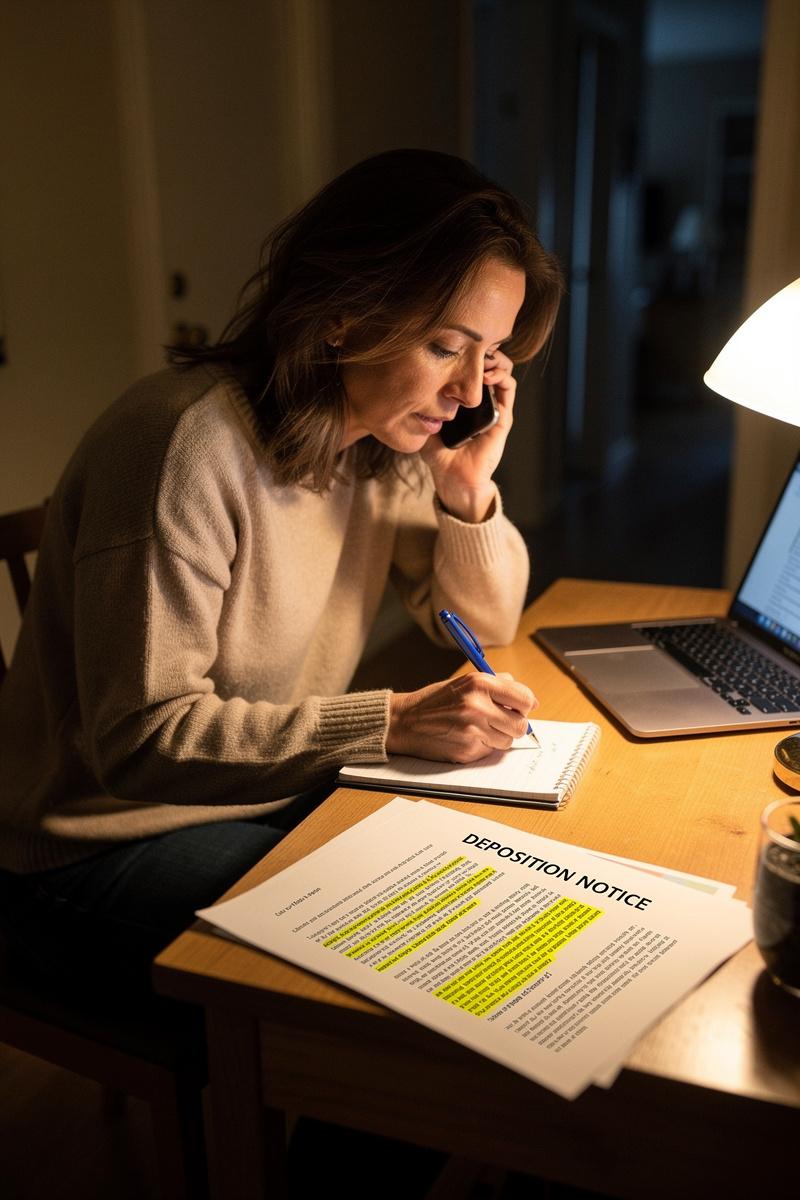 Midnight-Resolve Tense parent takes notes during phone call, highlighted legal document open on desk under warm lamp in quiet home office at night.