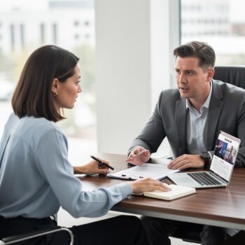 Client consults attorney on Arizona divorce with overseas spouse; documents and laptop show “Arizona Divorce” and “International Service Options.”