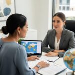 Arizona client discusses international divorce with attorney; laptop shows world map with Arizona highlighted, symbolizing cross-border issue.