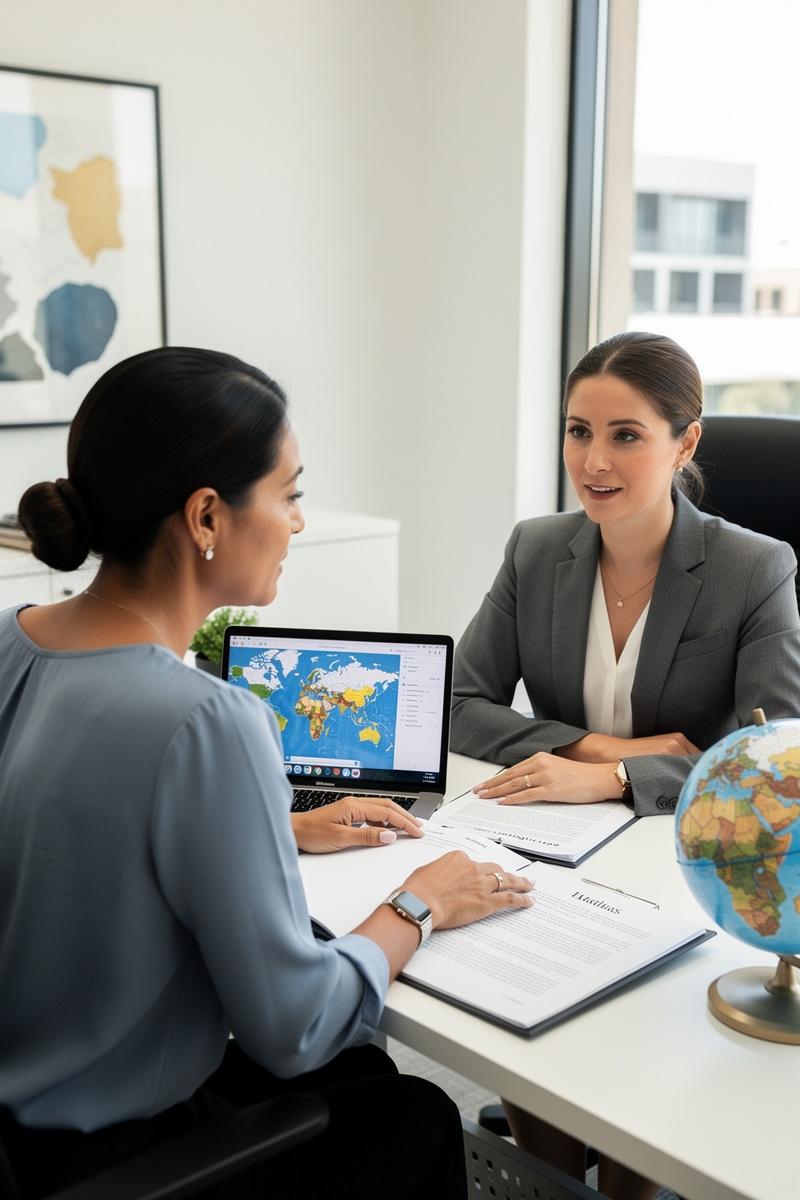 Navigating-an-International-Divorce-from-Arizona Arizona client discusses international divorce with attorney; laptop shows world map with Arizona highlighted, symbolizing cross-border issue.
