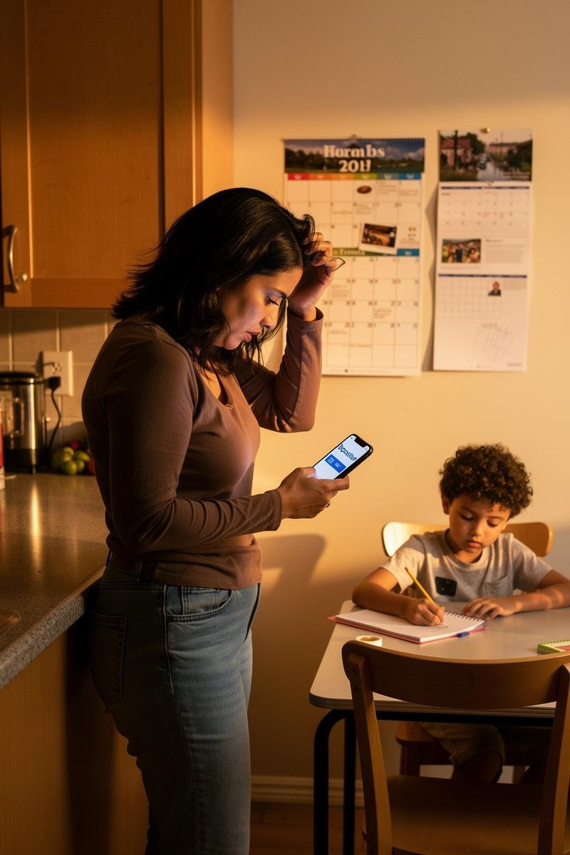 One-More-Thing Exhausted parent checks phone showing