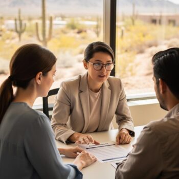 Parenting-Peace-Talks A mediator discusses an "Arizona Parenting Plan" with two parents at a conference table in a bright, modern office.