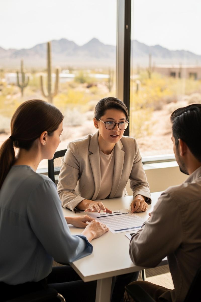 Parenting-Peace-Talks A mediator discusses an "Arizona Parenting Plan" with two parents at a conference table in a bright, modern office.