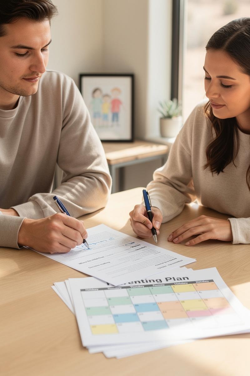 Two co-parents calmly review a printed parenting plan and color-coded calendar at a tidy table, focusing on shared custody details.
