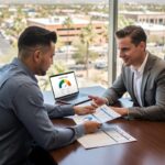 Client and attorney review credit report and divorce documents in a sunlit Arizona office, with a credit score chart on a laptop.