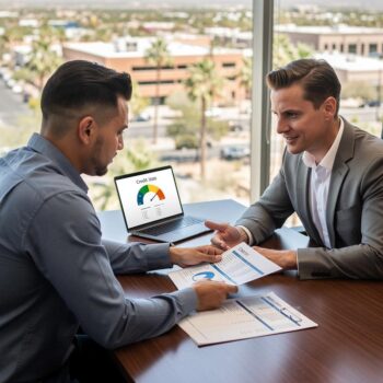 Post-Divorce-Financial-Clarity-in-the-Arizona-Sun Client and attorney review credit report and divorce documents in a sunlit Arizona office, with a credit score chart on a laptop.