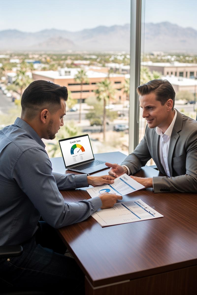 Post-Divorce-Financial-Clarity-in-the-Arizona-Sun Client and attorney review credit report and divorce documents in a sunlit Arizona office, with a credit score chart on a laptop.