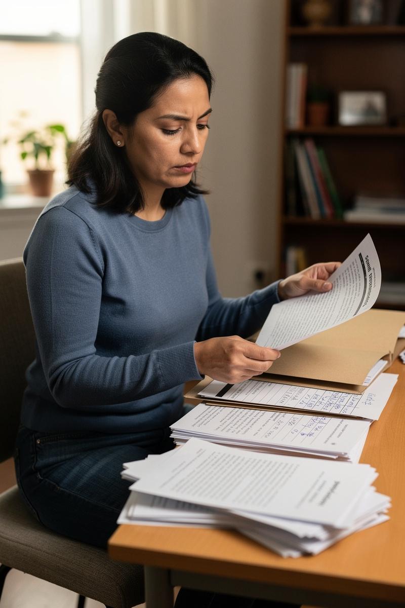 Latina woman sorts evidence papers and timeline at home desk in soft daylight, focused and tense before an injunction hearing.