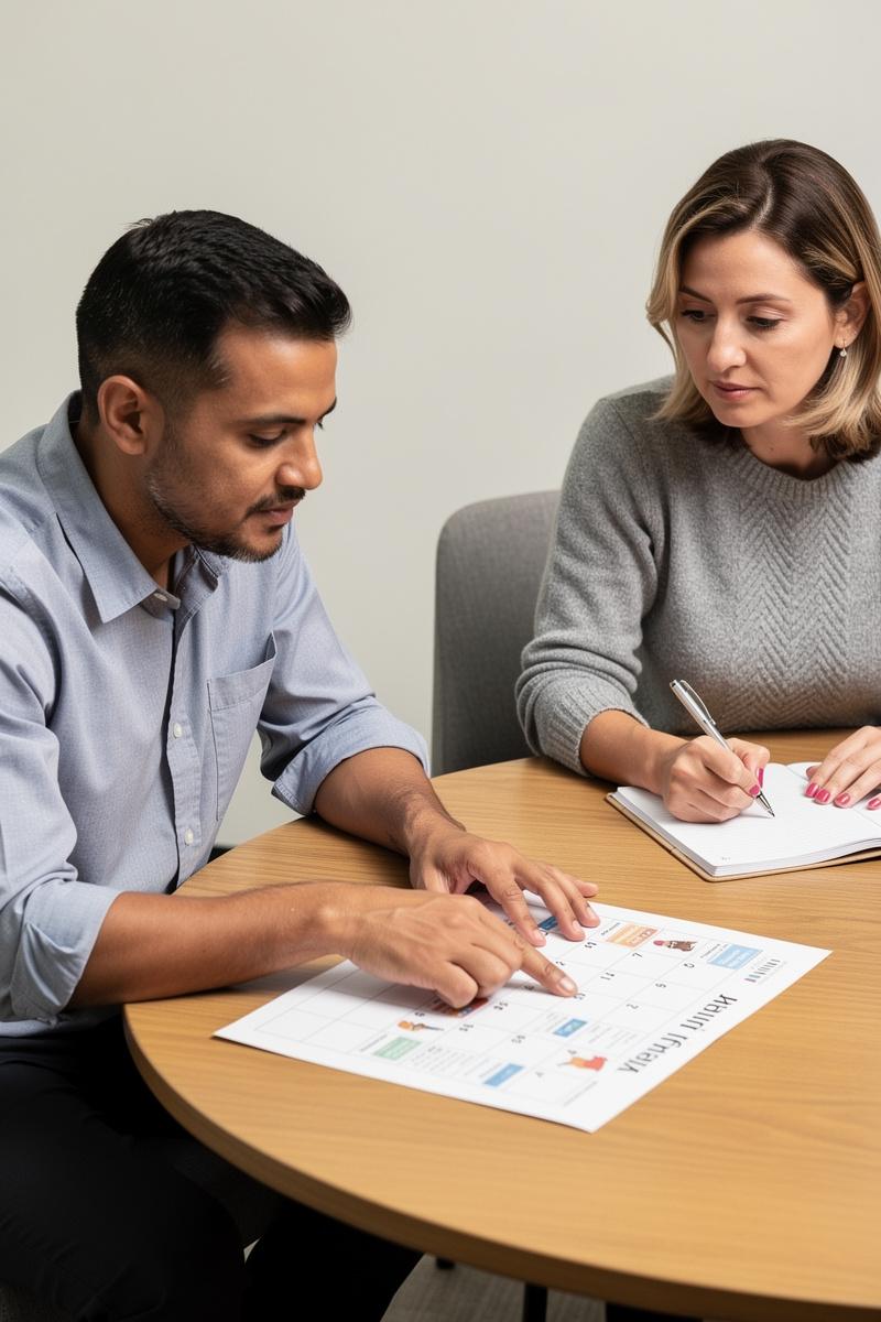 Two parents and a mediator discuss a shared weekly parenting calendar together at a round table in a calm, professional setting.