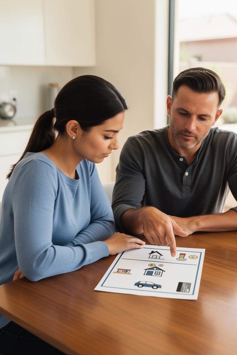 Splitting-the-Pieces-What-Counts-in-an-Arizona-Divorce Couple reviews “Types of Marital Assets” sheet at table, focusing on house and retirement icons; small house model sits nearby.