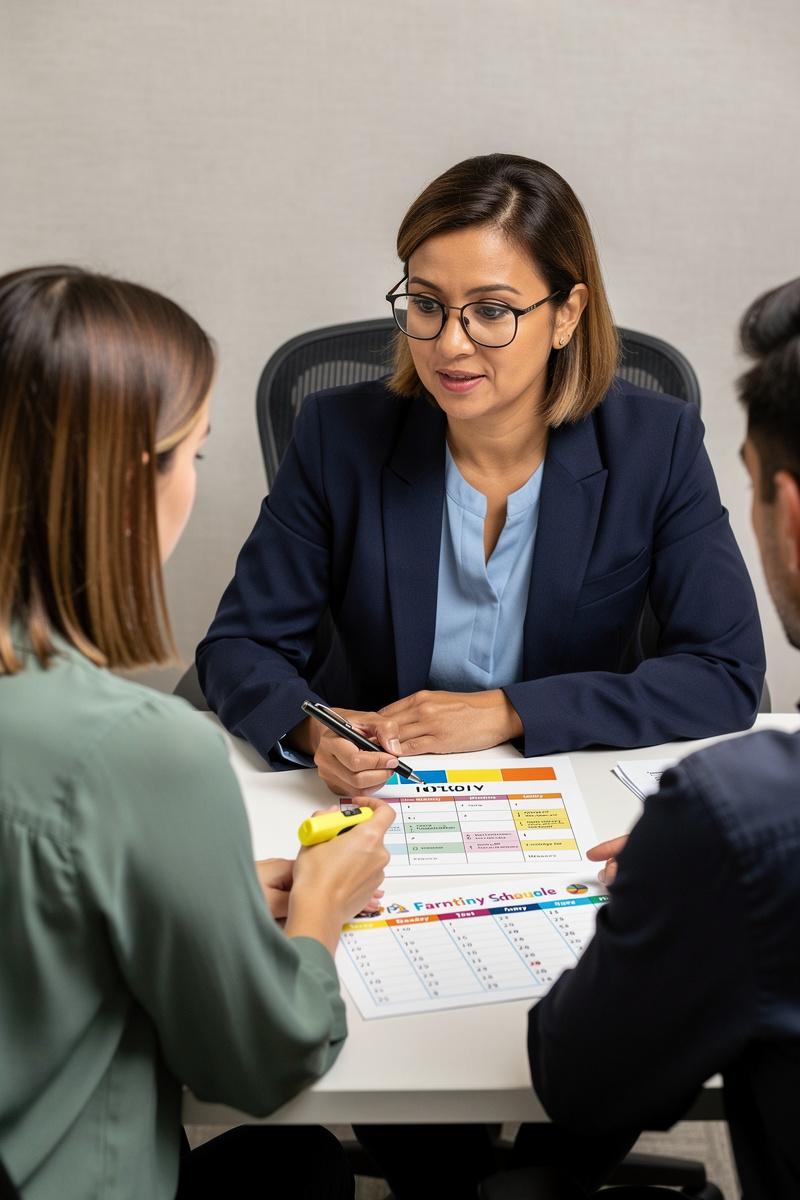 Working-Together-A-Parenting-Plan-in-Progress Two parents and a mediator review a colorful weekly parenting schedule and holiday calendar during a co-parenting mediation session.