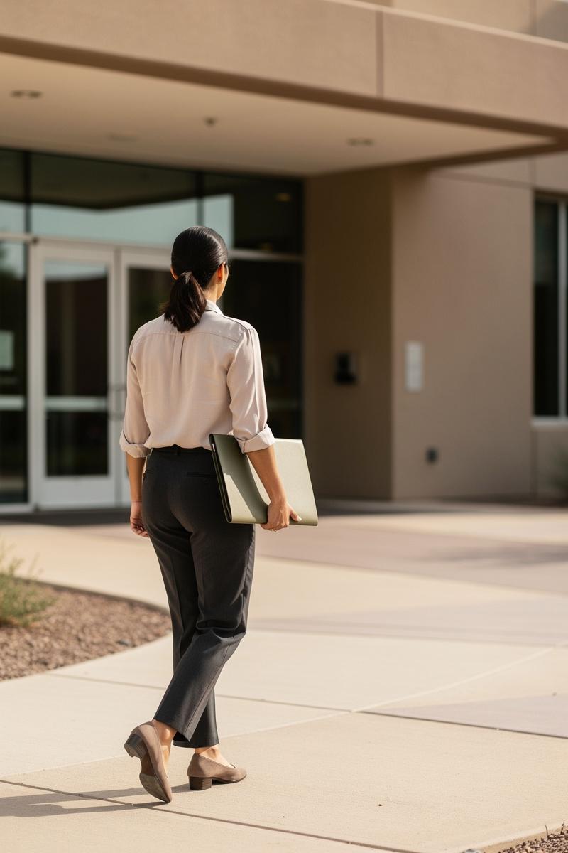 A-Confident-Step-Toward-Court Woman carrying a slim document folder approaches a modern Arizona courthouse entrance in morning light.
