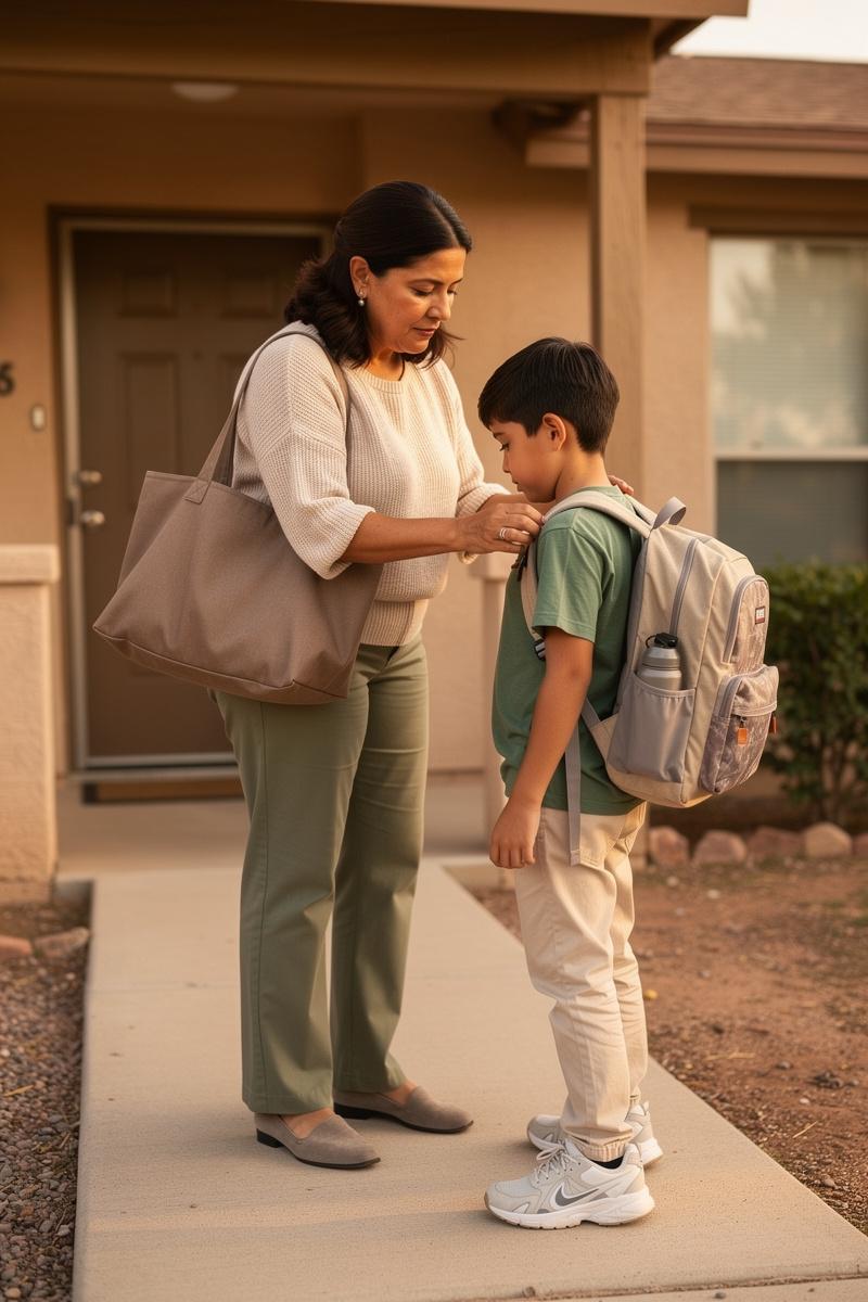 A mother gently adjusts her son's backpack strap on a shaded walkway outside their stucco home.