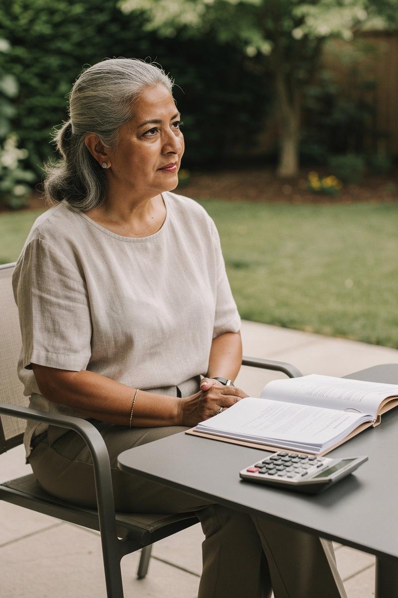 A-Quiet-Moment-to-Weigh-Whats-Next Older woman sits thoughtfully at a shaded patio table with an open folder and calculator, gazing into the distance.