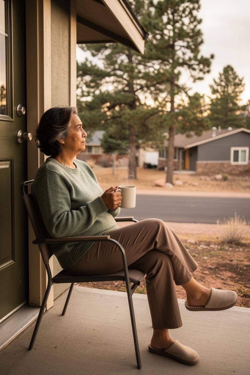 A-Quiet-Morning-a-Future-Unfolding Woman in her mid-50s sits by her front door, holding a mug and gazing toward a pine-lined neighborhood in morning light.