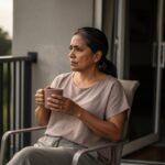 A thoughtful woman holds a ceramic mug on a shaded apartment patio, gazing into soft morning light.