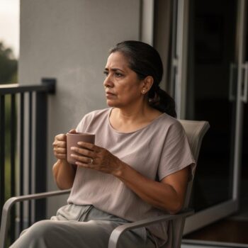 A thoughtful woman holds a ceramic mug on a shaded apartment patio, gazing into soft morning light.