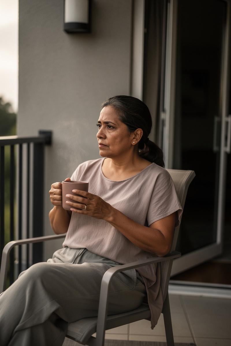 A-Quiet-Sip-of-Starting-Over A thoughtful woman holds a ceramic mug on a shaded apartment patio, gazing into soft morning light.
