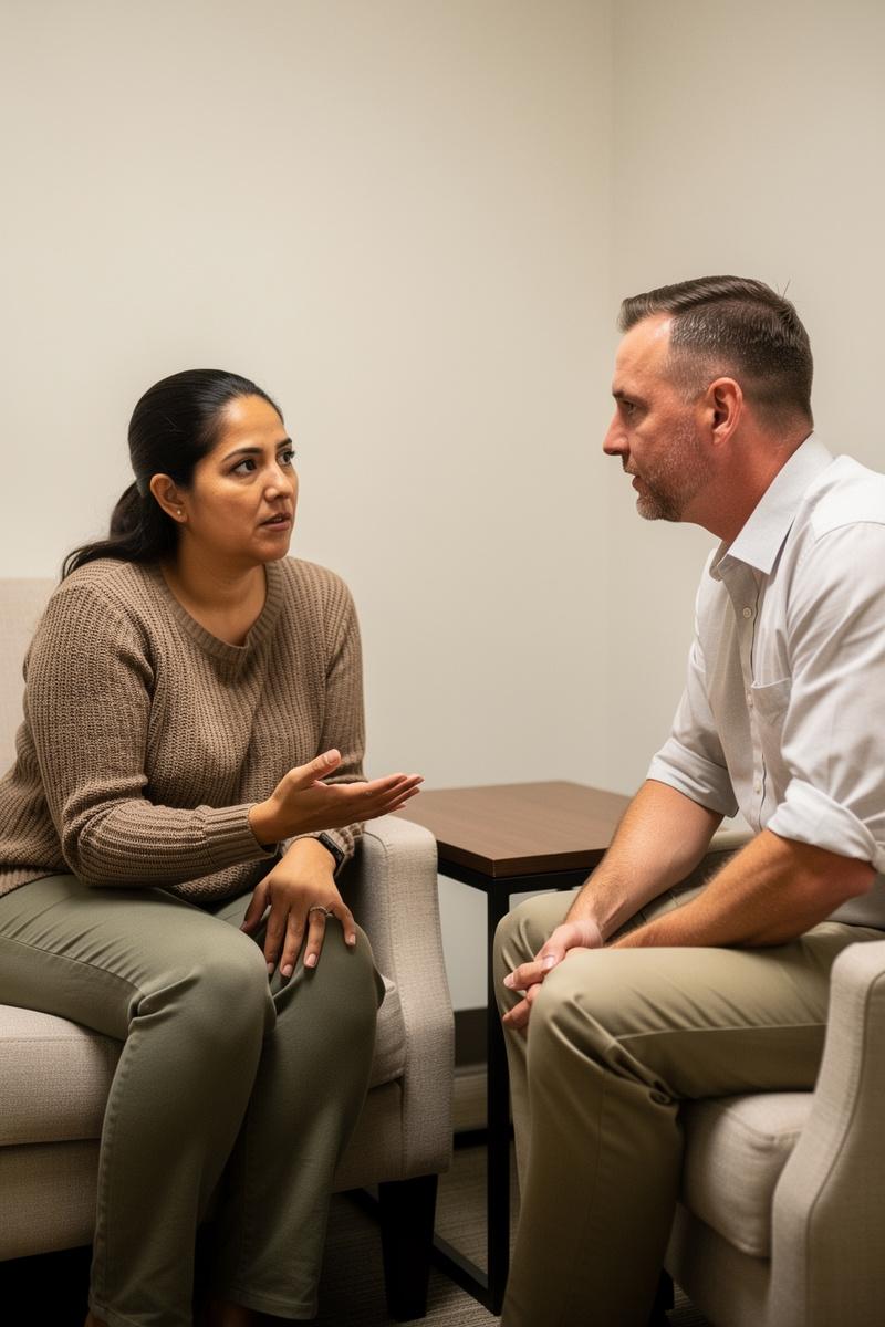 A-Safe-Space-to-Be-Heard A concerned woman speaks with an attentive domestic-violence advocate in a private consultation room.