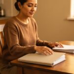 A thoughtful woman gently closes a document folder at a wooden dining table in soft morning light.