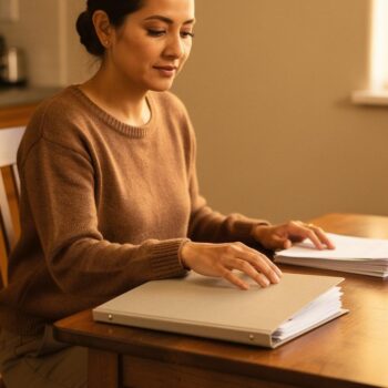 A thoughtful woman gently closes a document folder at a wooden dining table in soft morning light.