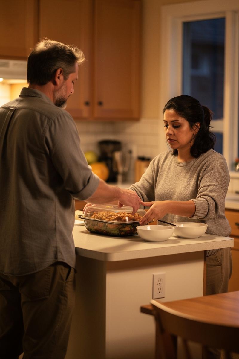 A-Warm-Meal-a-Quiet-Kindness A friend sets a covered dinner dish on the kitchen counter as a tired woman steadies it in warm evening light.
