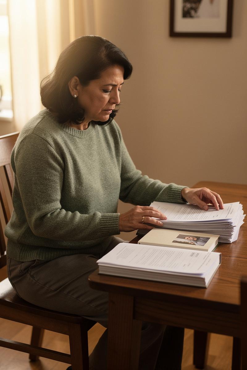 Between-Papers-and-Promises A woman looks down at two stacks of records on a dining table, with a closed wedding photo booklet beside her hand.