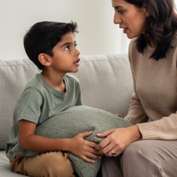 Boy holds a cushion on a sofa and tentatively questions his parent, who listens calmly at his eye level.