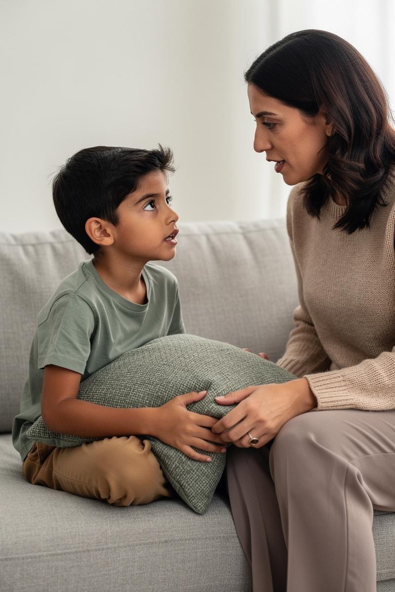 Brave-Questions-Gentle-Listening Boy holds a cushion on a sofa and tentatively questions his parent, who listens calmly at his eye level.