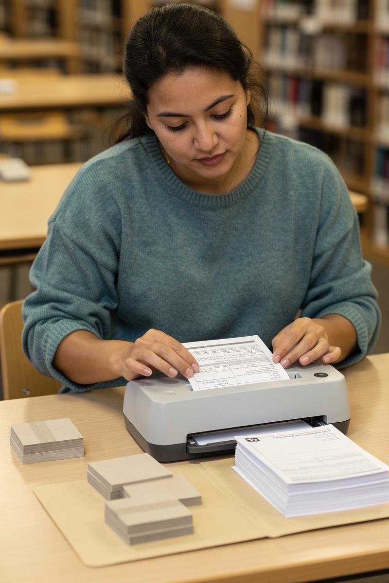 A woman feeds a financial record into a scanner at a library workspace, with paper stacks and an open folder nearby.