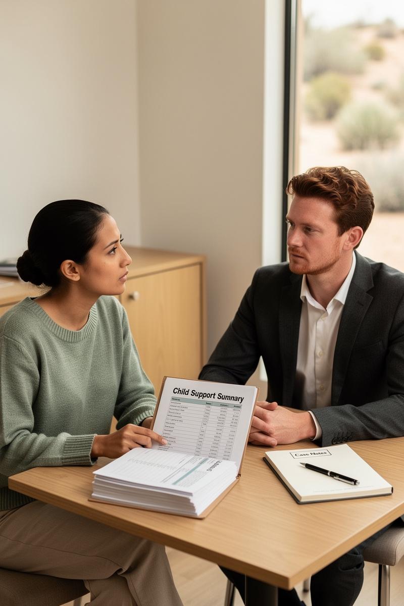 A concerned parent discusses child support with an attentive attorney across a wood table, financial records open before her.