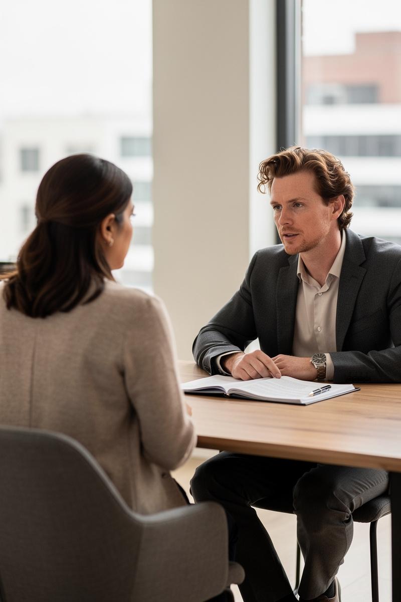 A woman discusses a divorce concern as an attorney listens attentively across a wood table in a private office.