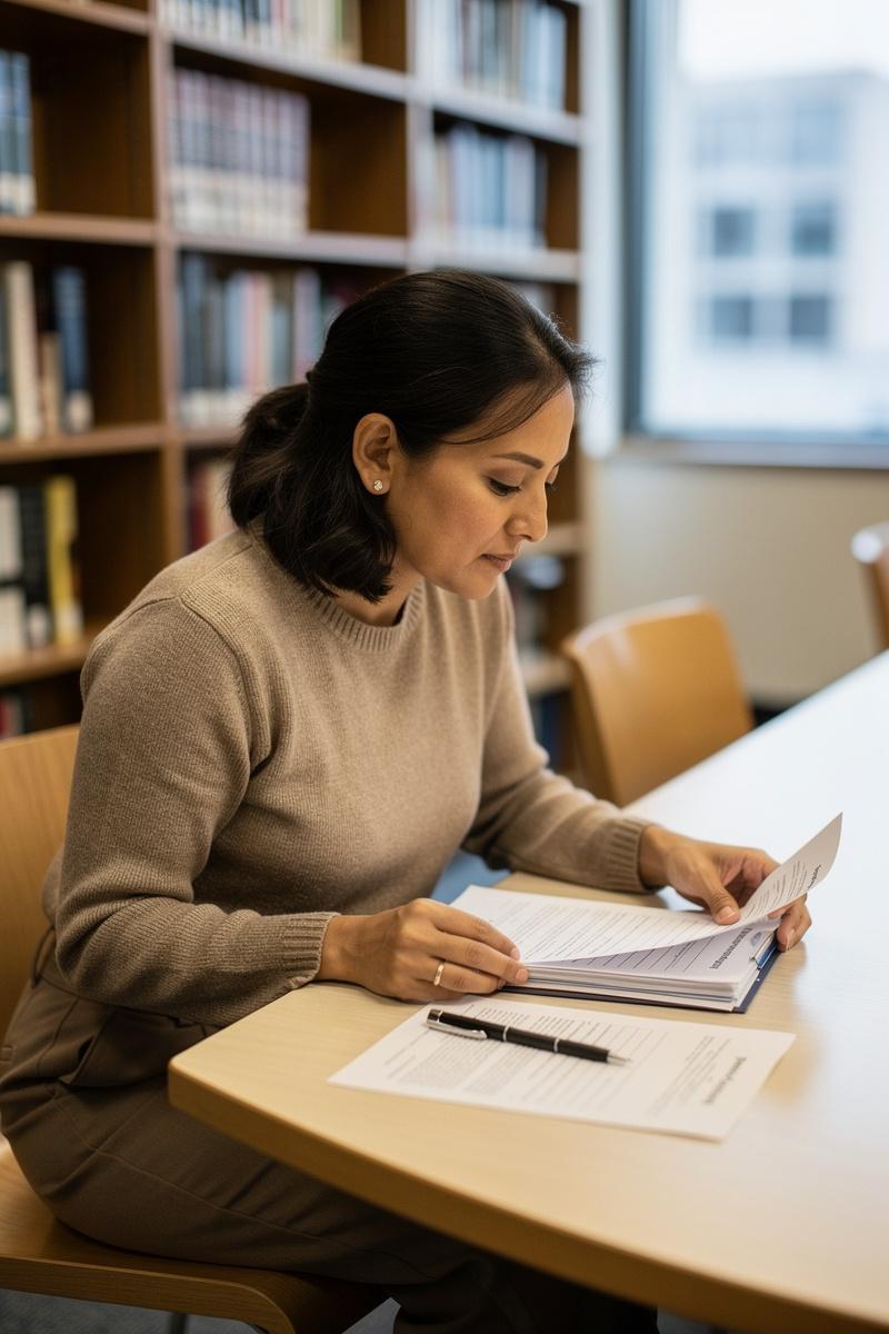 Divorce-Papers-Unwritten-Future A concerned woman pauses over divorce paperwork at a public law-library table, with bookshelves behind her.