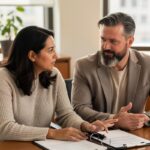 Client pauses reviewing divorce documents to ask a question as an attorney listens in a sunlit meeting room.