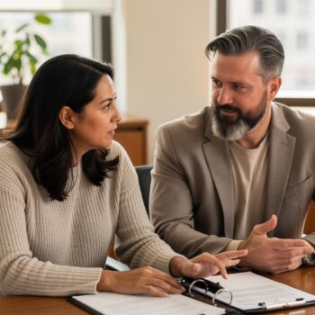 Client pauses reviewing divorce documents to ask a question as an attorney listens in a sunlit meeting room.