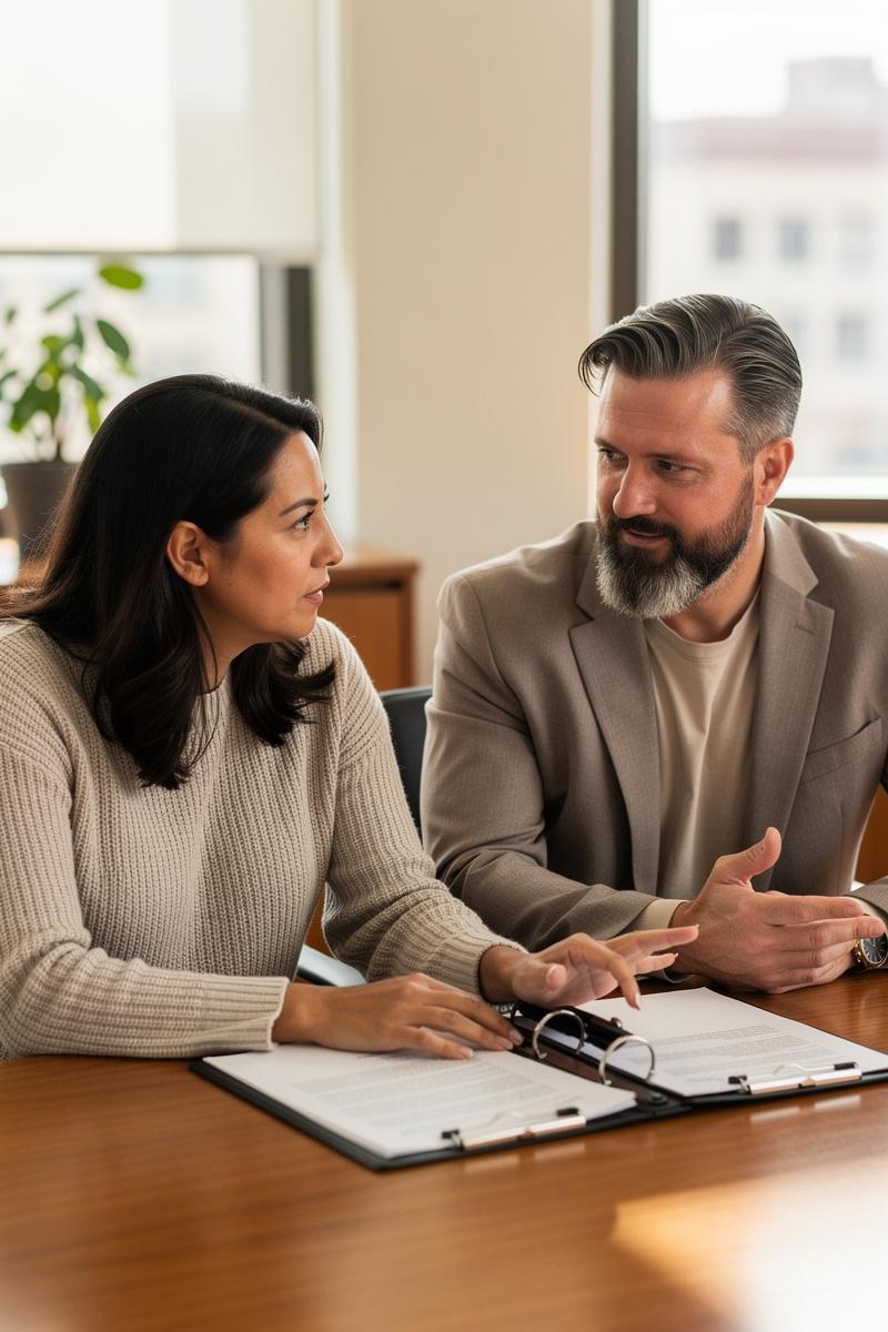Divorce-Questions-Thoughtful-Guidance Client pauses reviewing divorce documents to ask a question as an attorney listens in a sunlit meeting room.