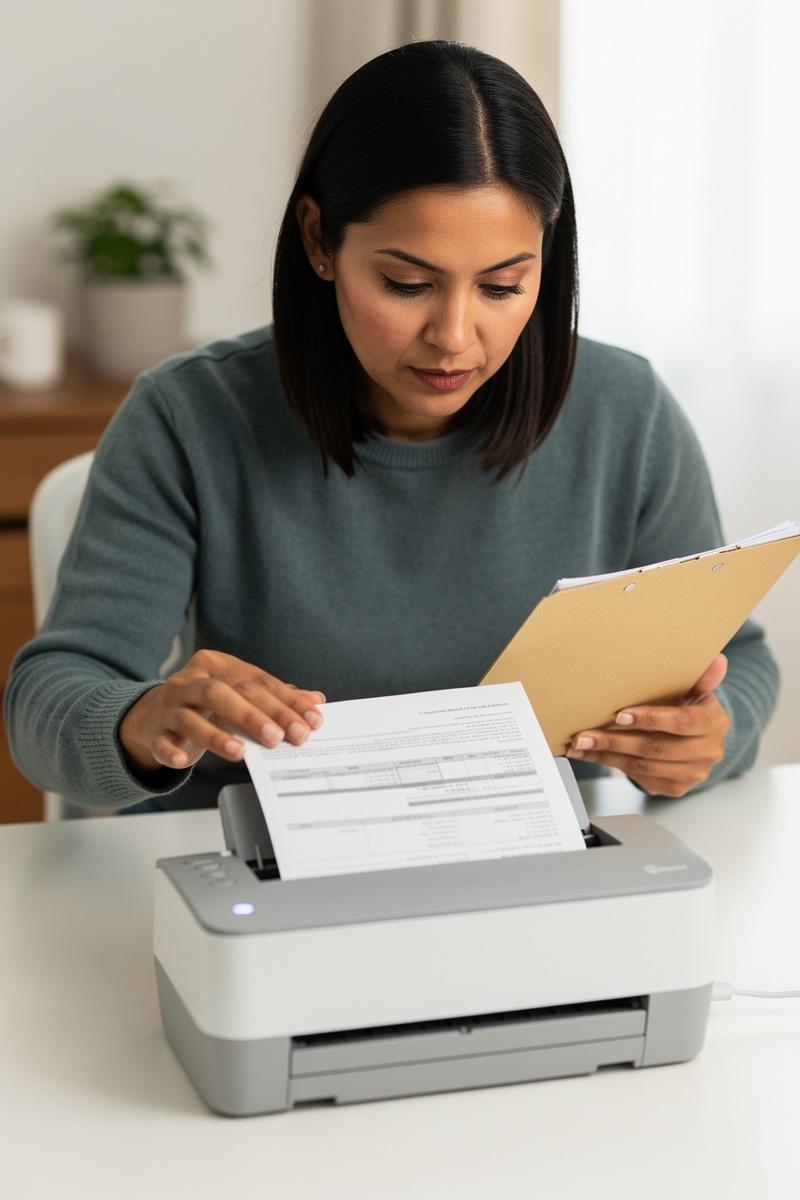 Financial-Clarity-One-Page-at-a-Time Woman feeds a sheet into a compact scanner while steadying an open folder of documents at a sunlit home desk.