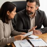 Attorney explains grouped financial records at a wood table while a client holds a document and listens attentively.