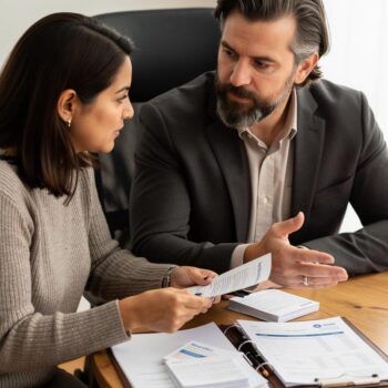 Attorney explains grouped financial records at a wood table while a client holds a document and listens attentively.
