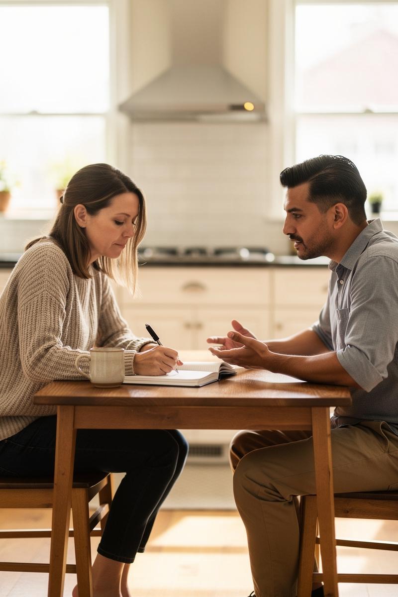 Finding-the-Words-Together Two parents sit at a kitchen table; one pauses with a pen above a notebook while the other gestures gently.