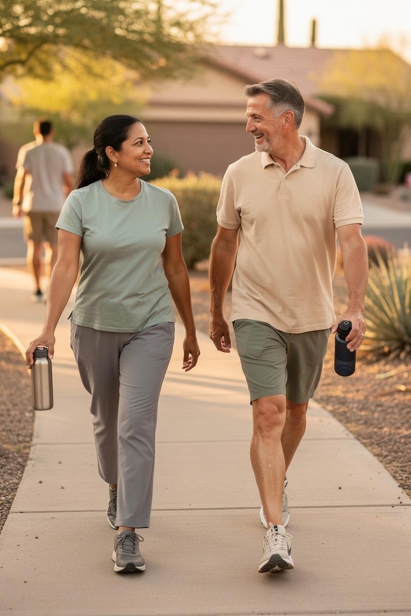 A woman and man exchange smiles on a shaded Arizona neighborhood path as another woman walks a few steps ahead.